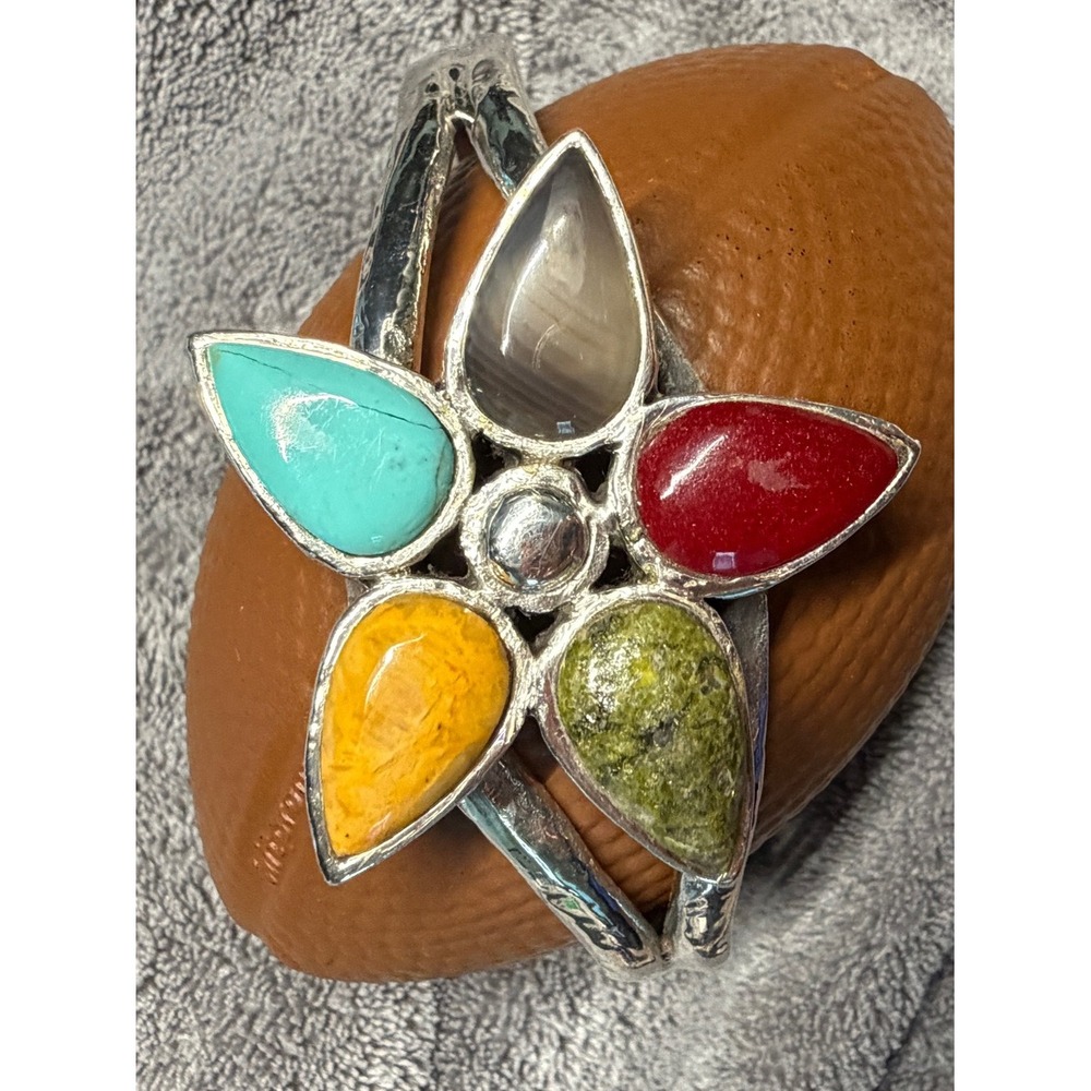 Barse Vintage Sterling Silver Multi Gemstone Flower Cuff 925 - Picture 5 of 16